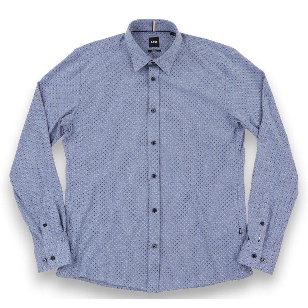 Hugo Boss Roan Kent Shirt Mens Medium Slim Fit Blue Geometric Long Sleeve